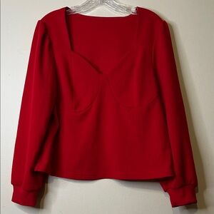 Red Long-Sleeve plunge Neck Top cropped waist length